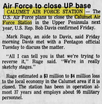 Calumet Air Force Station (Open Skies Project) - March 1987 Article